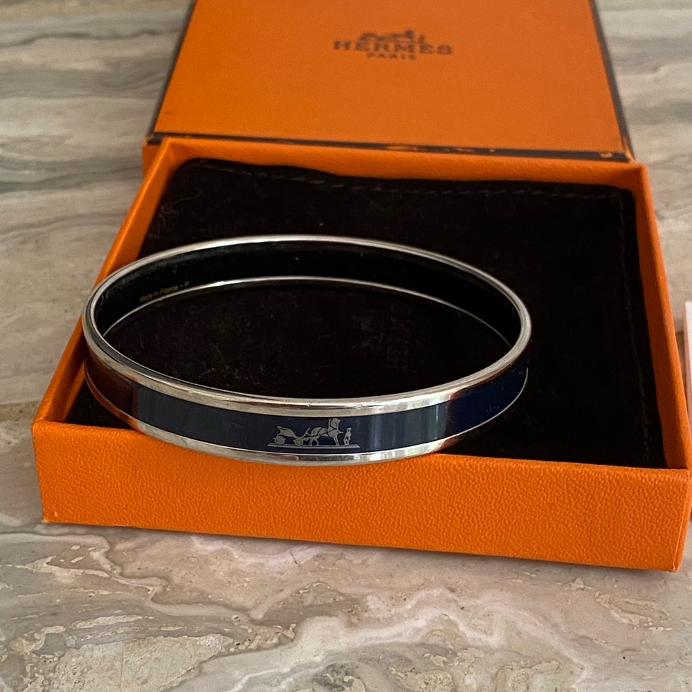 Hermes Bangle Curry Silver Navy Blue Enamel Bracelet